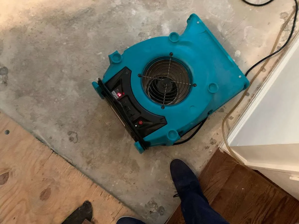 Air mover drying subfloor during Leak Detection & Repair in Floris